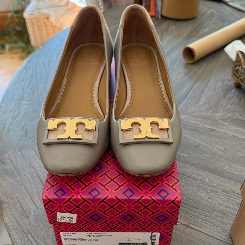 Tory Burch Taupe Flats with Gold Emblem